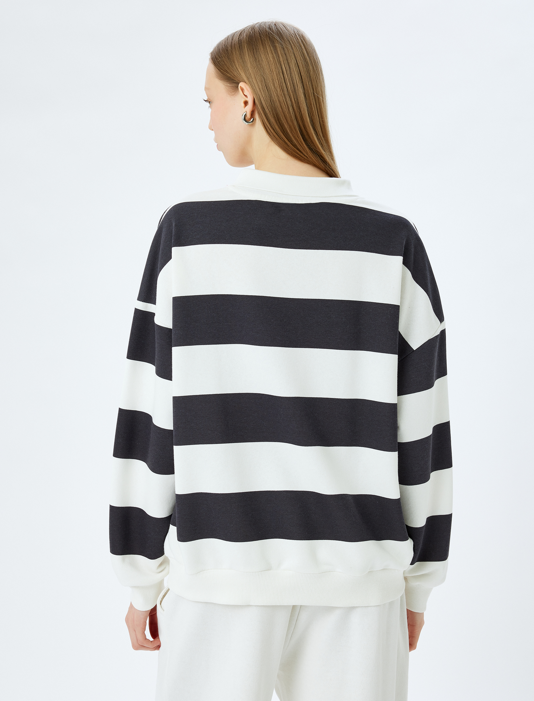   Çizgili Polo Yaka Oversize Sweatshirt