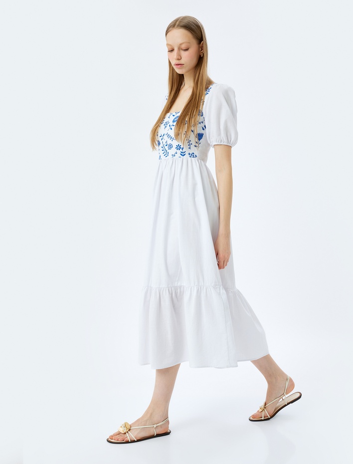  Pamuklu Balon Kollu U Yaka Gipe Detaylı Maxi Elbise