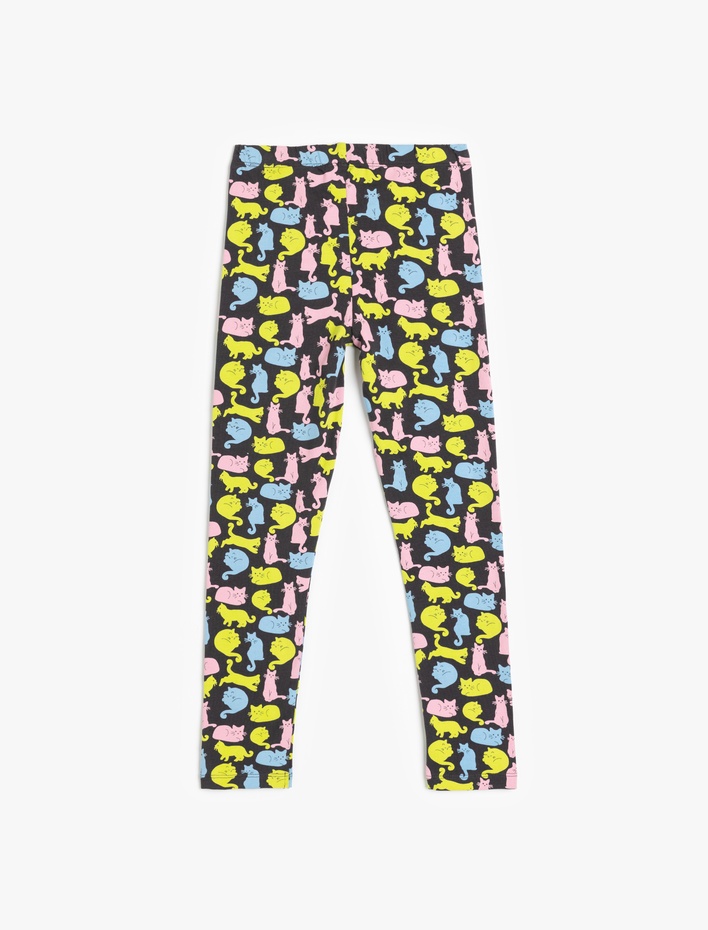 Kız Çocuk Pamuklu Kedi Desenli Beli Lastikli Uzun Tayt