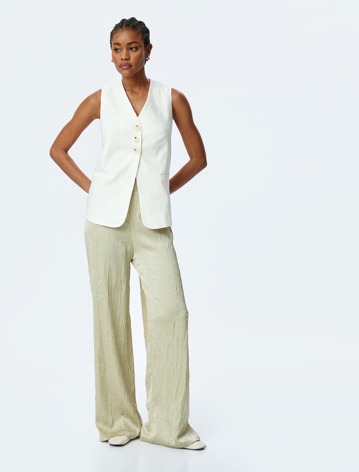  Dokulu Yüksek Bel Geniş Paça Saten Palazzo Pantolon