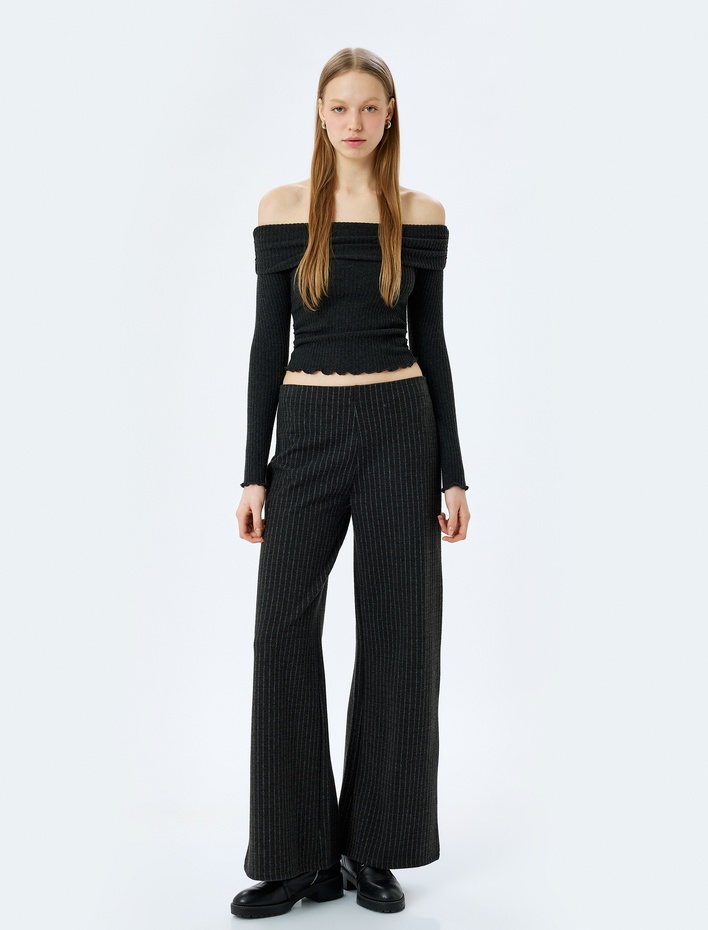  Madonna Yaka Omuzu Açık Slim Fit Uzun Kollu Tişört