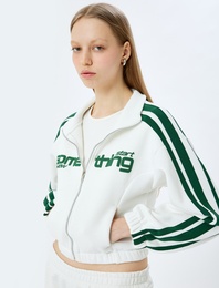 Şardonlu Fermuarlı Şerit Detaylı Slogan Baskılı Oversize Sweatshirt