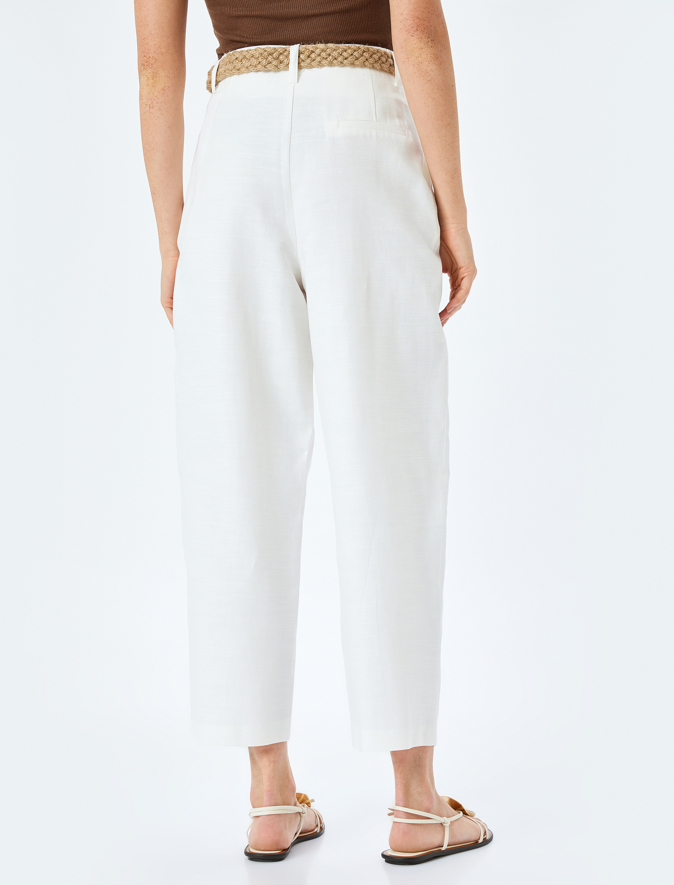   Cepli Kemerli Yüksek Bel Astarsız Havuç Kesim Kumaş Pantolon