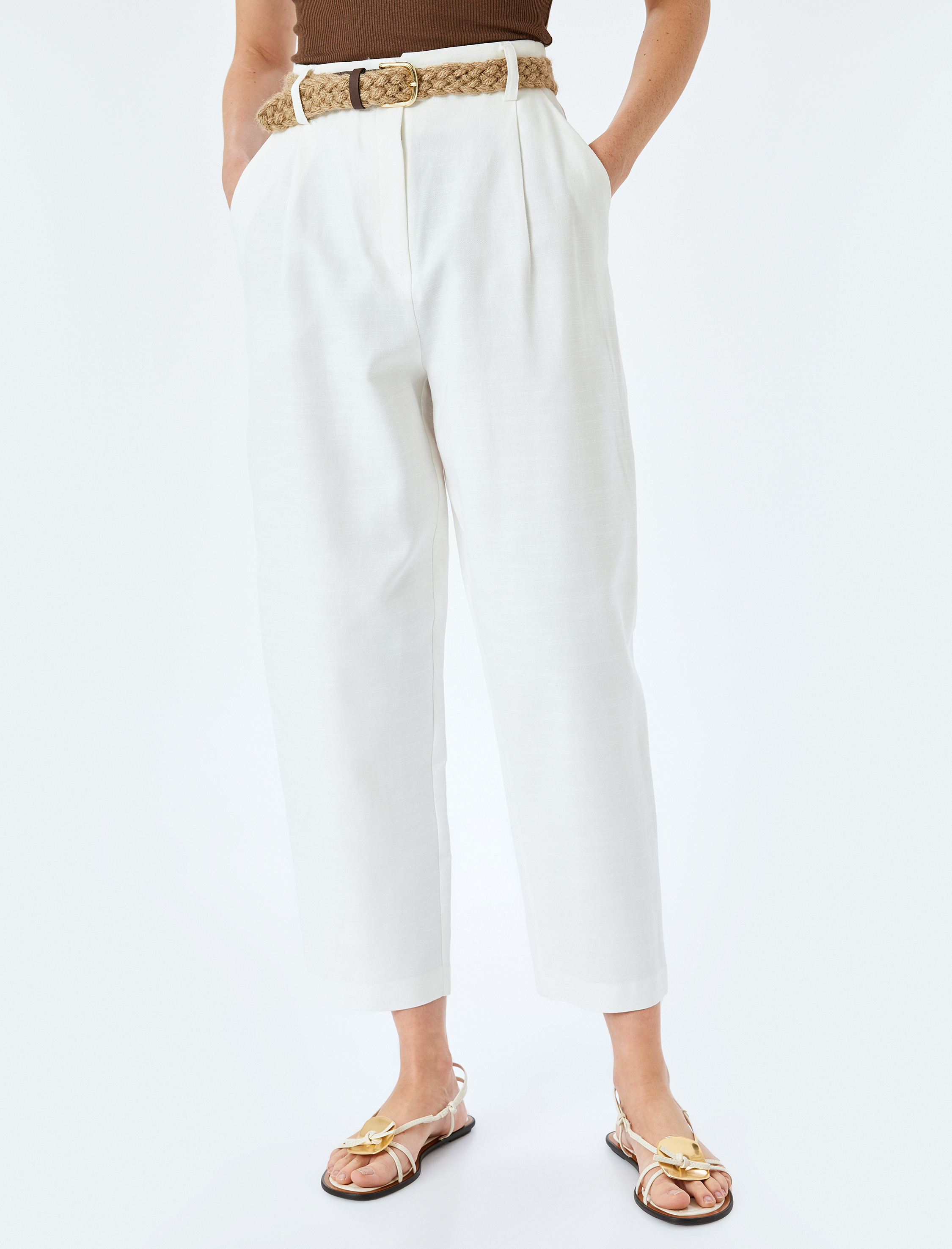   Cepli Kemerli Yüksek Bel Astarsız Havuç Kesim Kumaş Pantolon