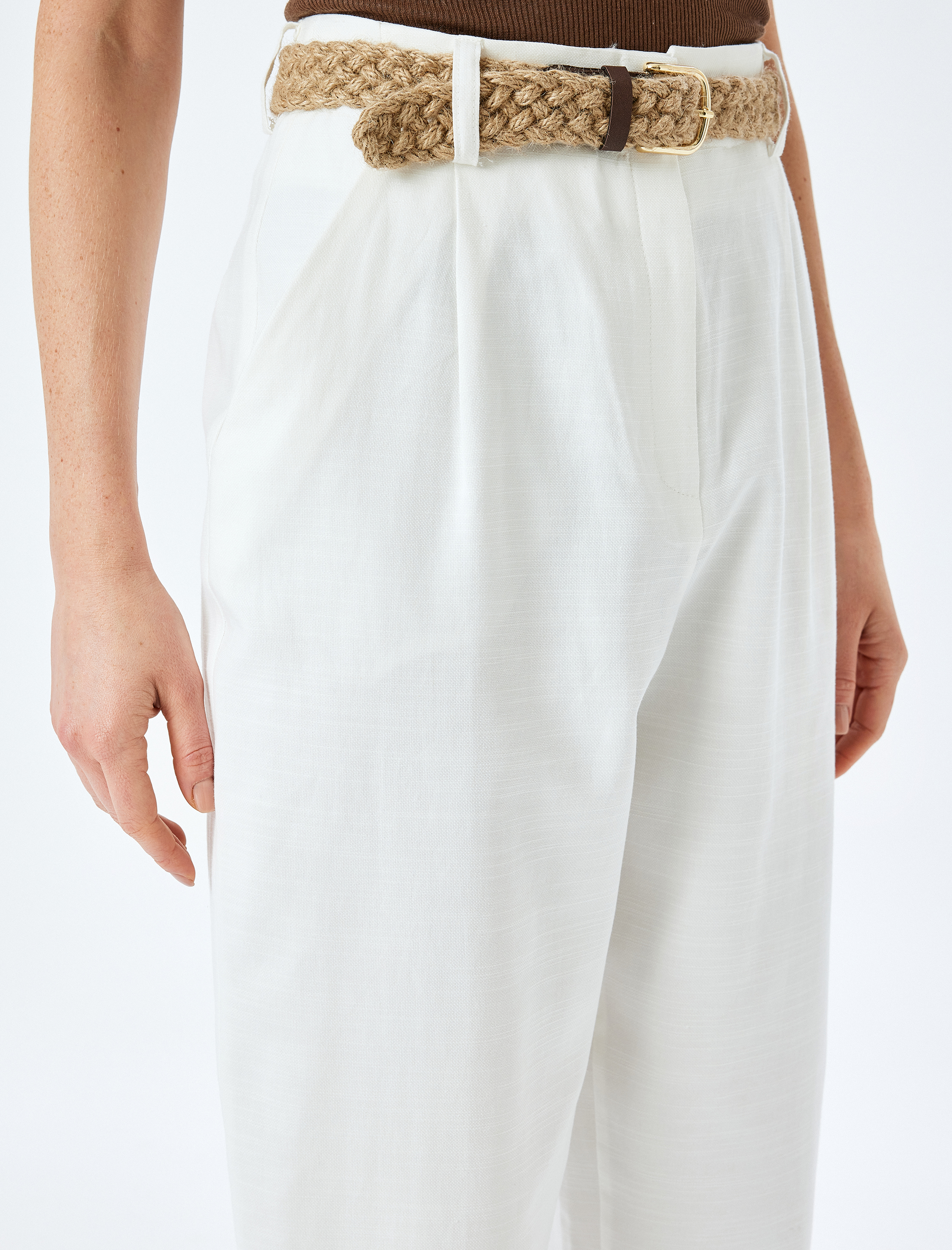   Cepli Kemerli Yüksek Bel Astarsız Havuç Kesim Kumaş Pantolon