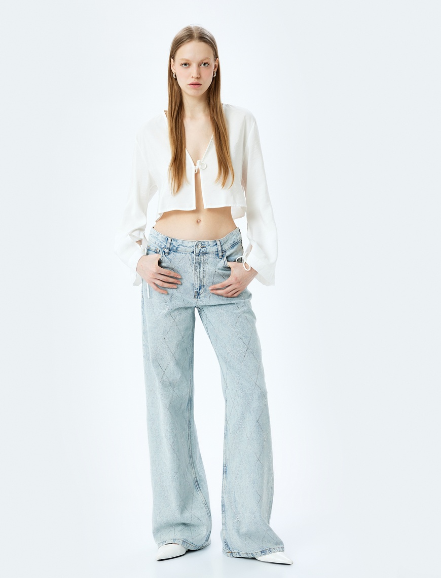   Taş Detaylı Normal Bel Geniş Paça Denim Pantolon -  Wide Leg Jeans