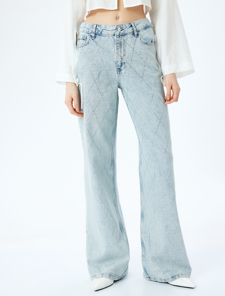   Taş Detaylı Normal Bel Geniş Paça Denim Pantolon -  Wide Leg Jeans