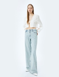 Taş Detaylı Normal Bel Geniş Paça Denim Pantolon -  Wide Leg Jeans