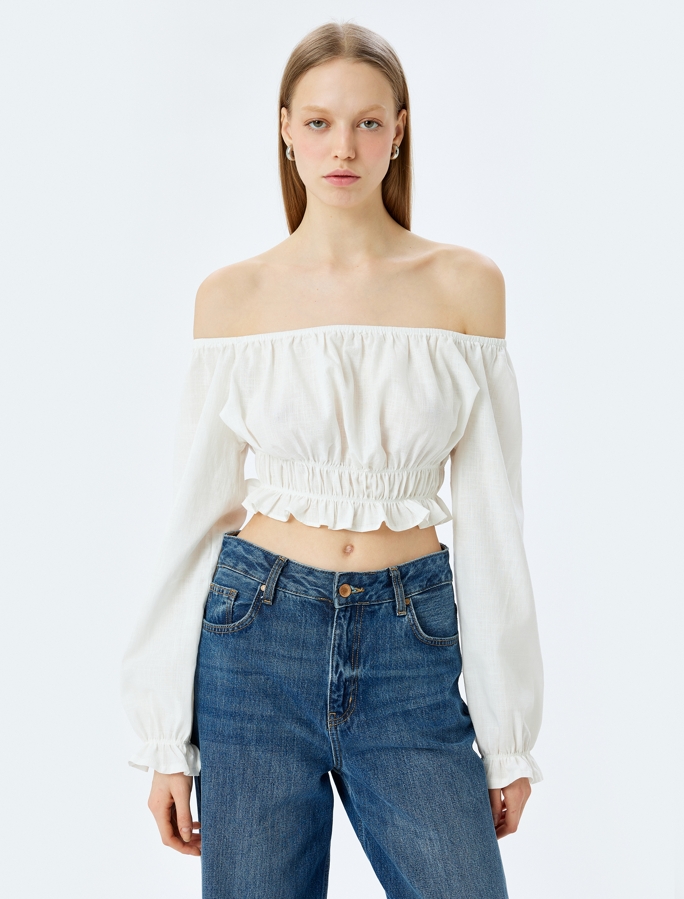   Balon Kollu Omzu Açık Gipeli Crop Bluz