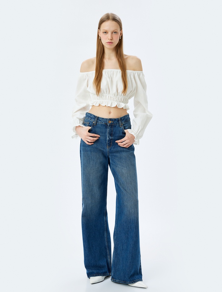  Balon Kollu Omzu Açık Gipeli Crop Bluz