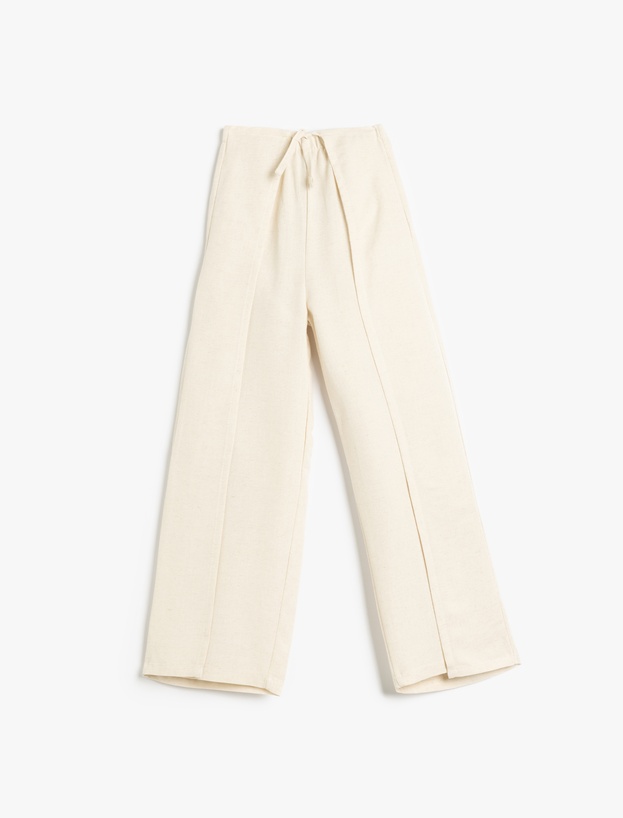 Beli Bağcıklı Viskon ve Keten Karışımlı Bol Paça Pantolon_0