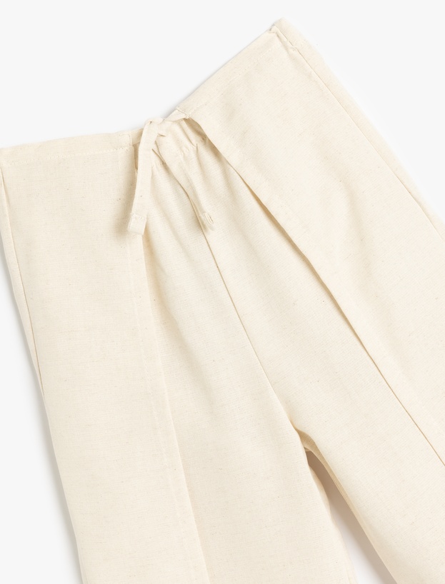 Beli Bağcıklı Viskon ve Keten Karışımlı Bol Paça Pantolon_2