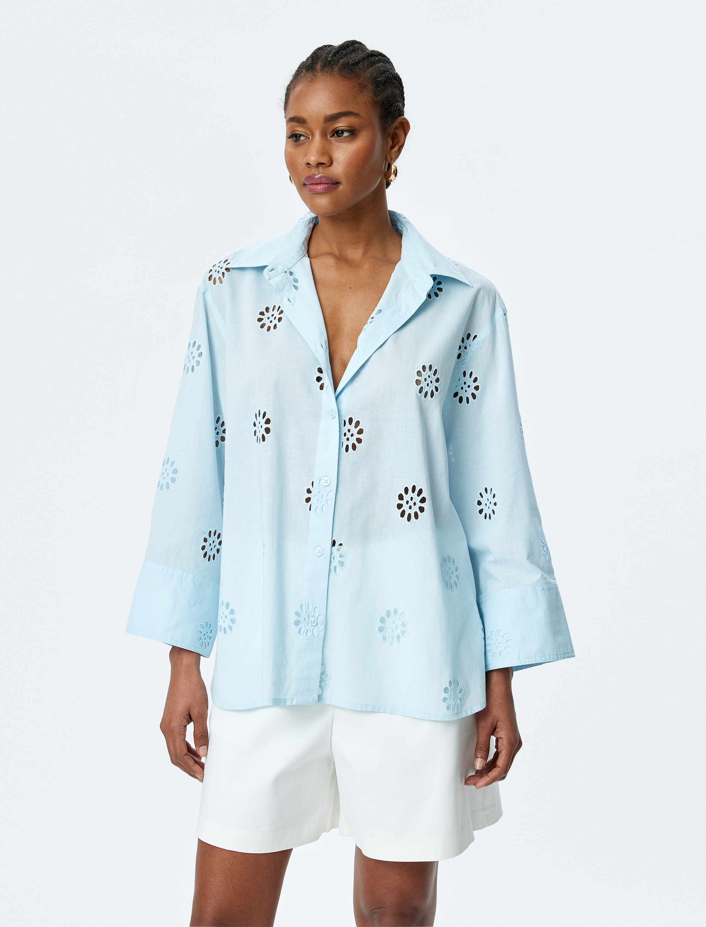   Pamuklu 3/4 Kol Uzun Oversize Fistolu Gömlek