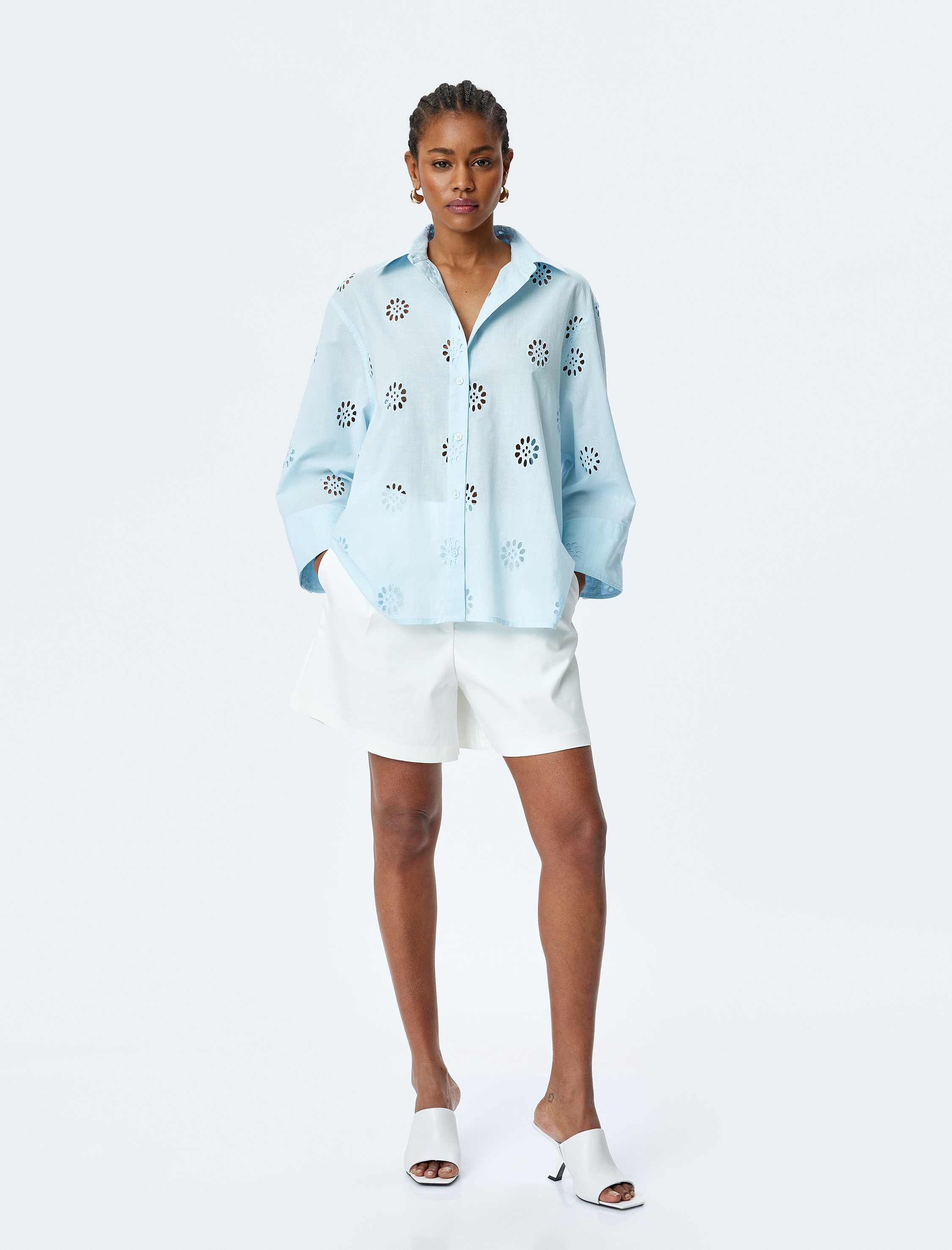   Pamuklu 3/4 Kol Uzun Oversize Fistolu Gömlek