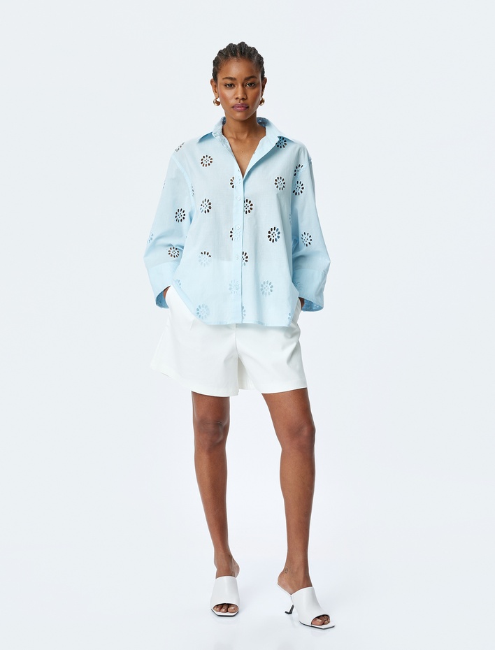  Pamuklu 3/4 Kol Uzun Oversize Fistolu Gömlek