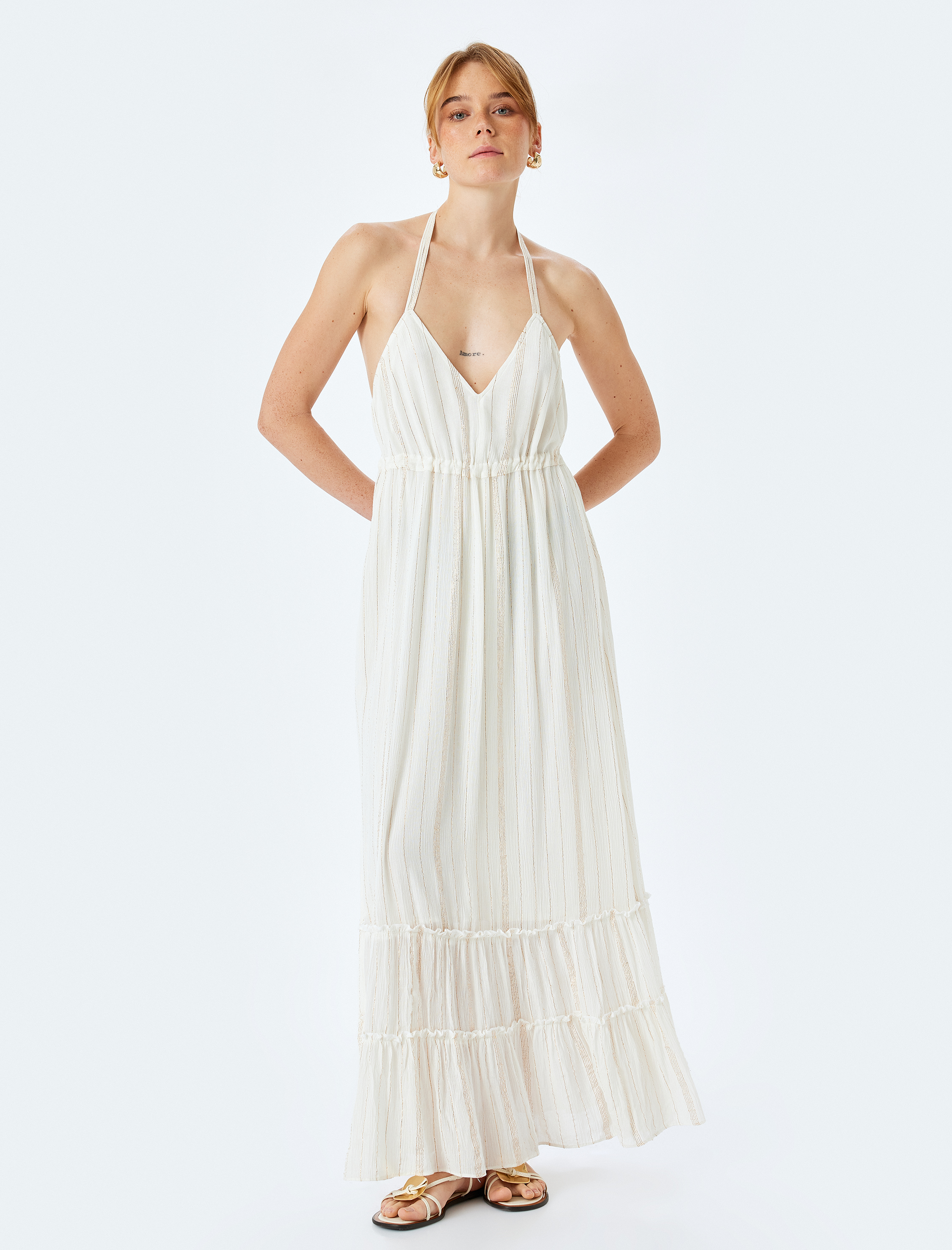   Astarlı Geniş Kesim Parıltılı İnce Askılı Uzun Viskon Elbise