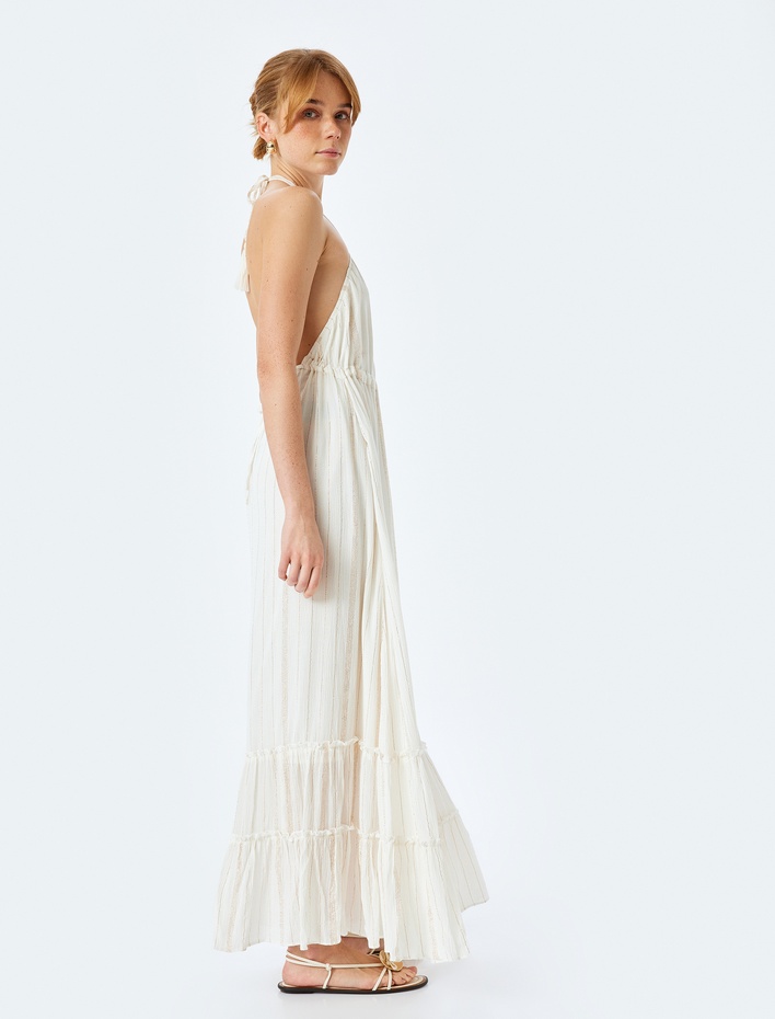  Astarlı Geniş Kesim Parıltılı İnce Askılı Uzun Viskon Elbise