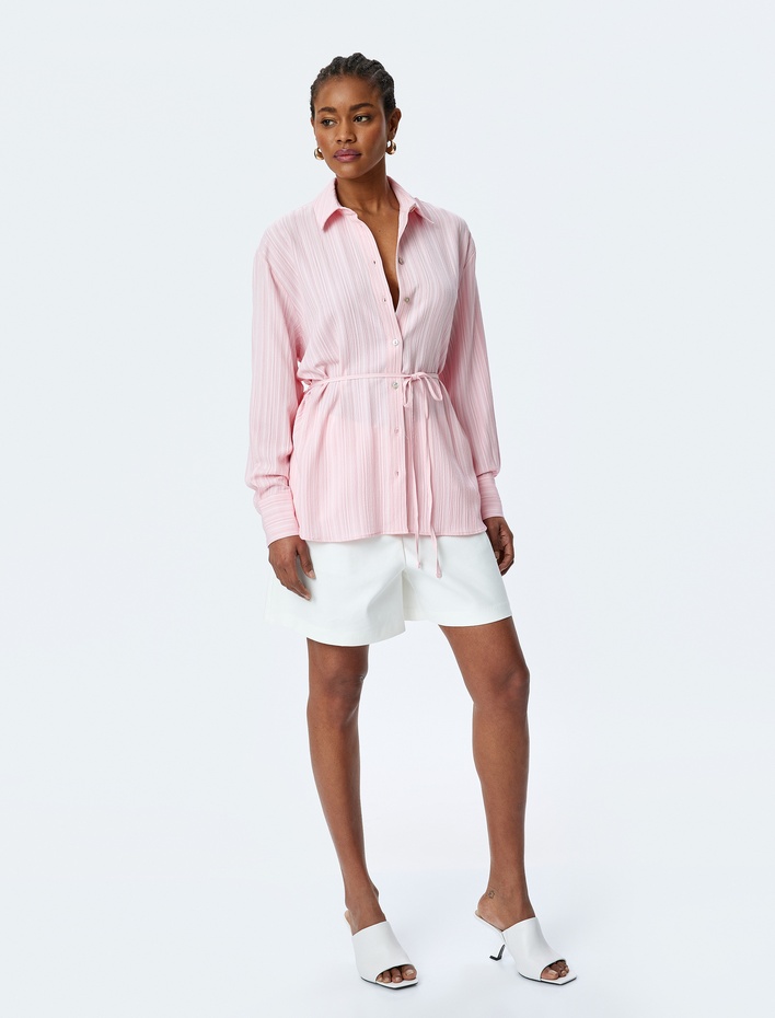  İnce Kuşak Detaylı Dokulu Uzun Kollu Viskon Gömlek