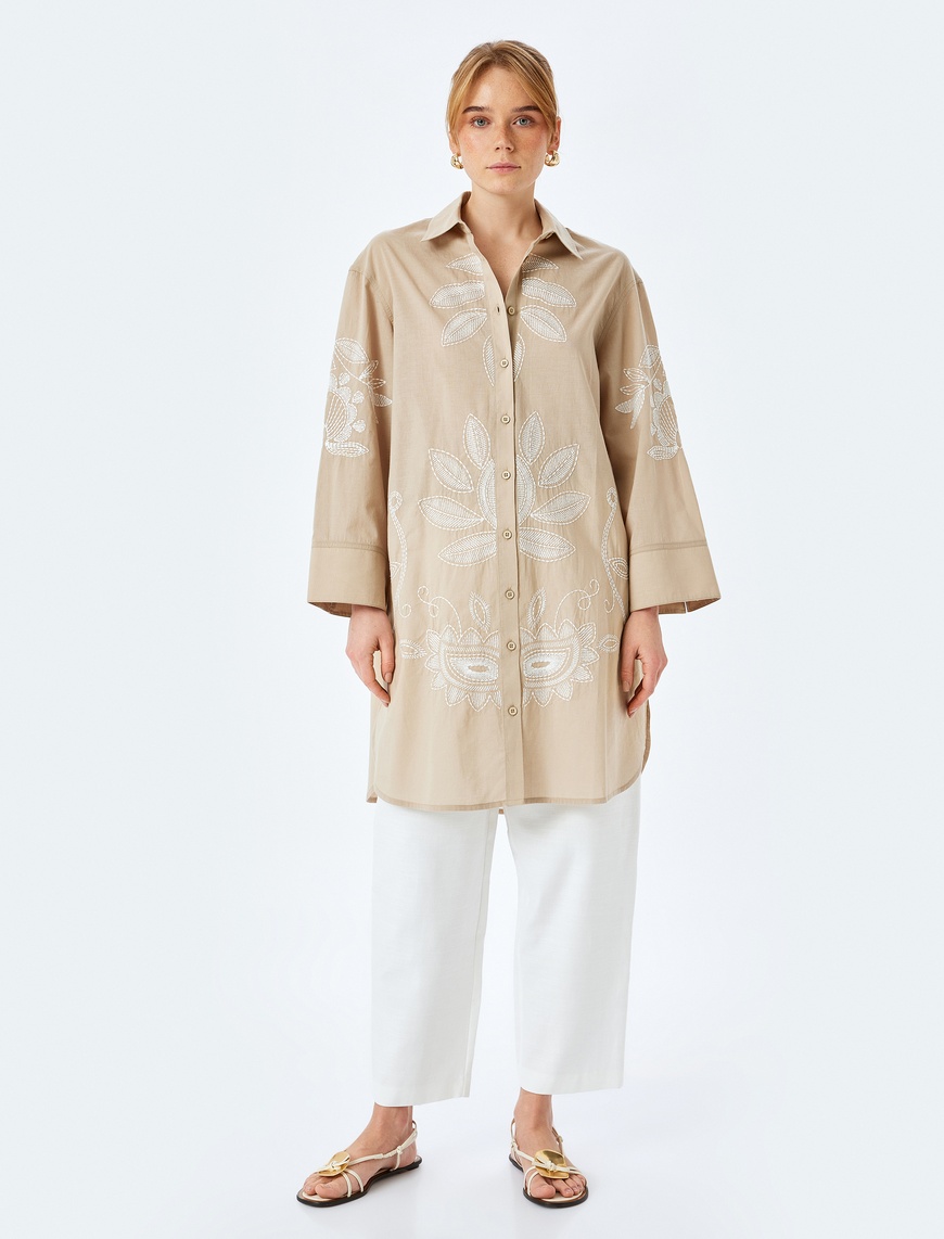   Pamuklu Floral İşleme Detaylı Gömlek Yaka Uzun Oversize Tunik
