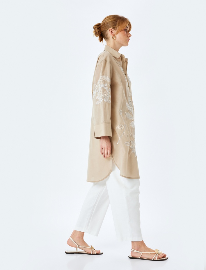  Pamuklu Floral İşleme Detaylı Gömlek Yaka Uzun Oversize Tunik