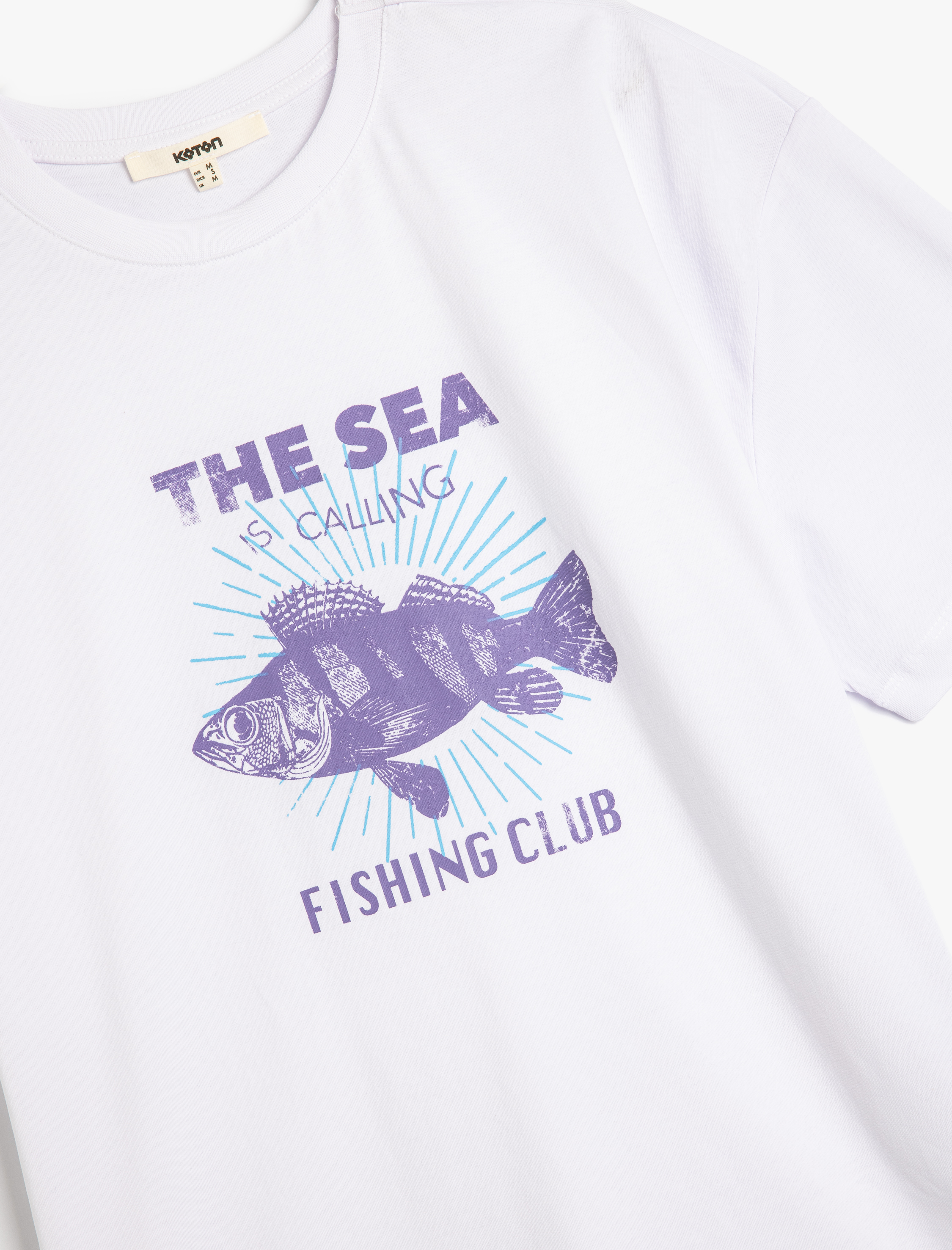   Pamuklu Kısa Kollu Bisiklet Yaka Balık Baskılı Tişört