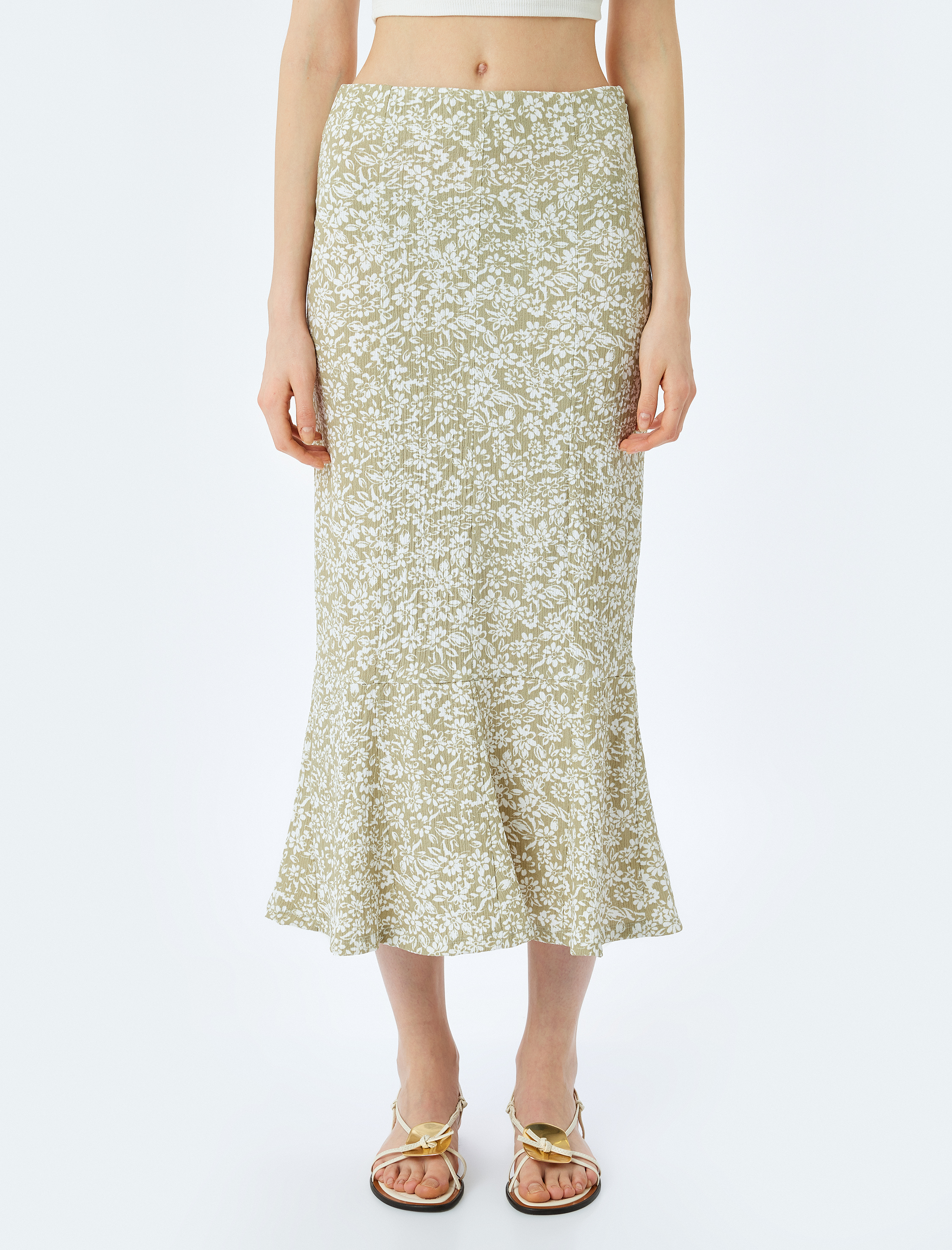   Çiçekli Yüksek Bel Midi Etek Bürümcük