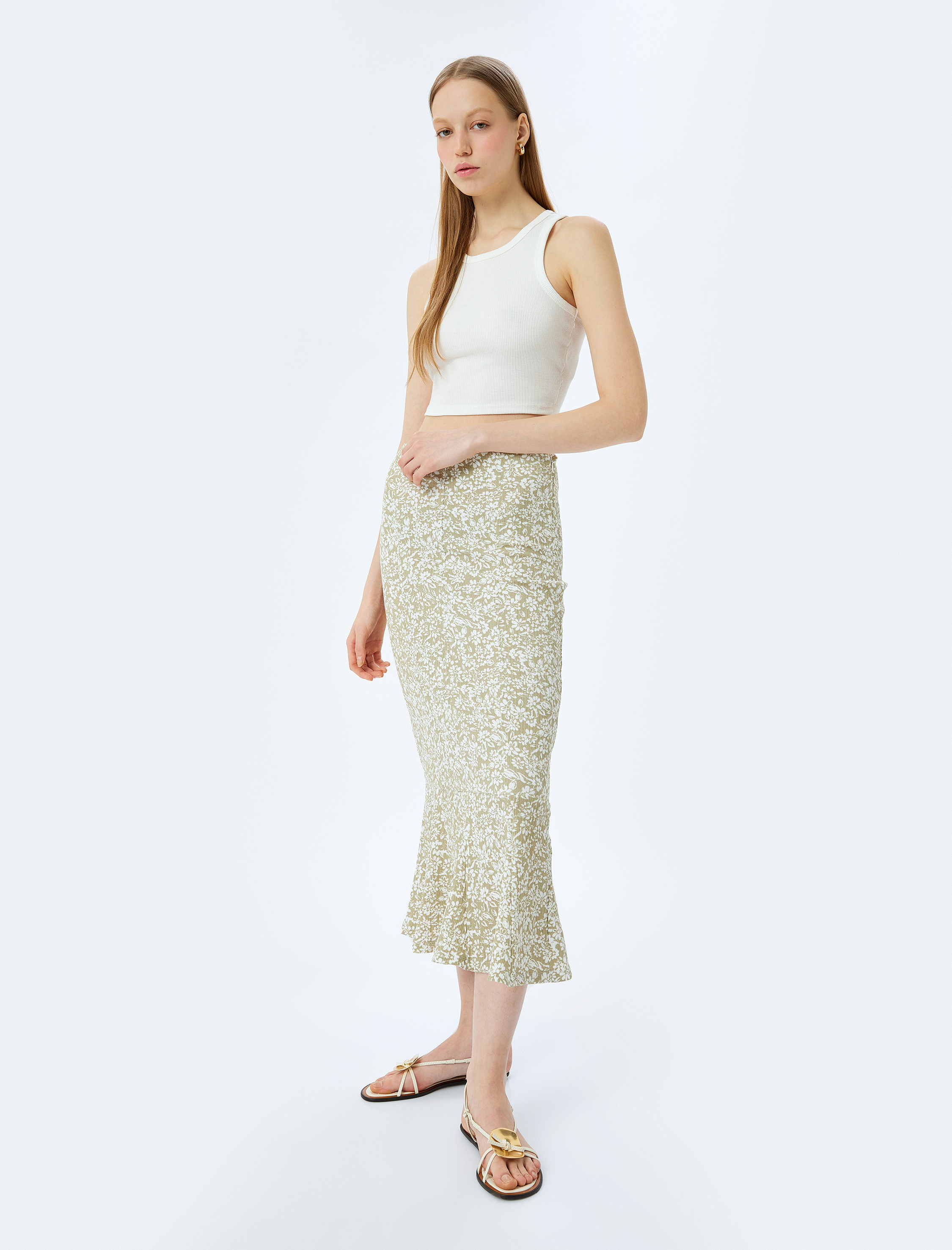   Çiçekli Yüksek Bel Midi Etek Bürümcük