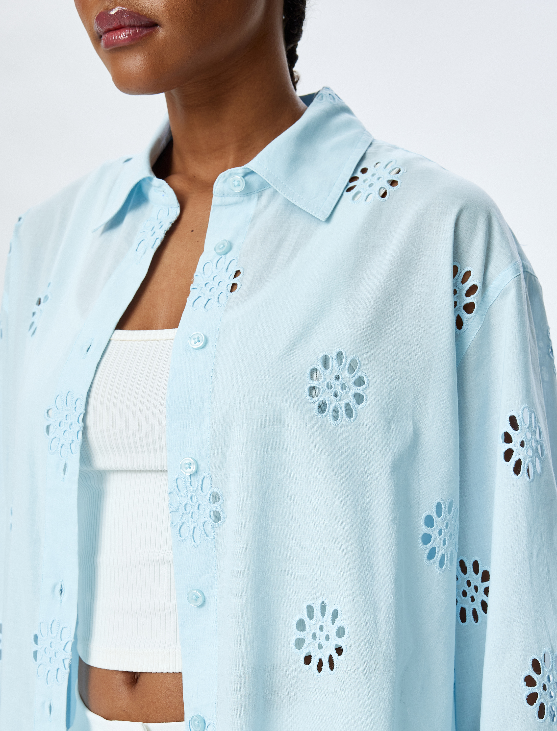   Pamuklu Rahat Kalıp 3/4 Kol Gömlek Yaka Uzun Fistolu Tunik