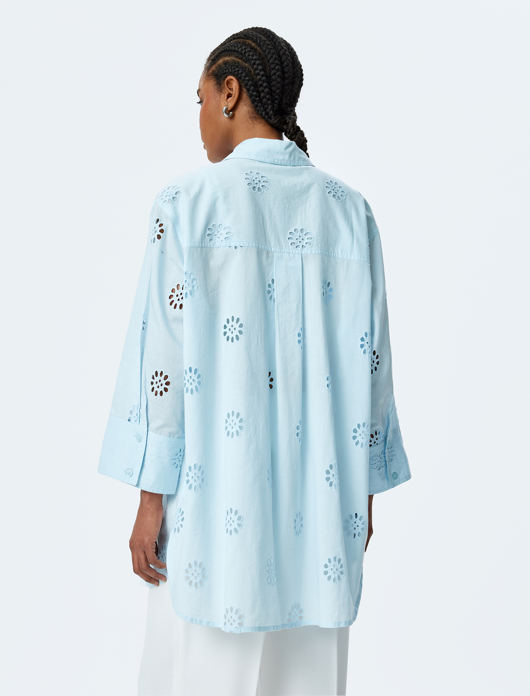   Pamuklu Rahat Kalıp 3/4 Kol Gömlek Yaka Uzun Fistolu Tunik