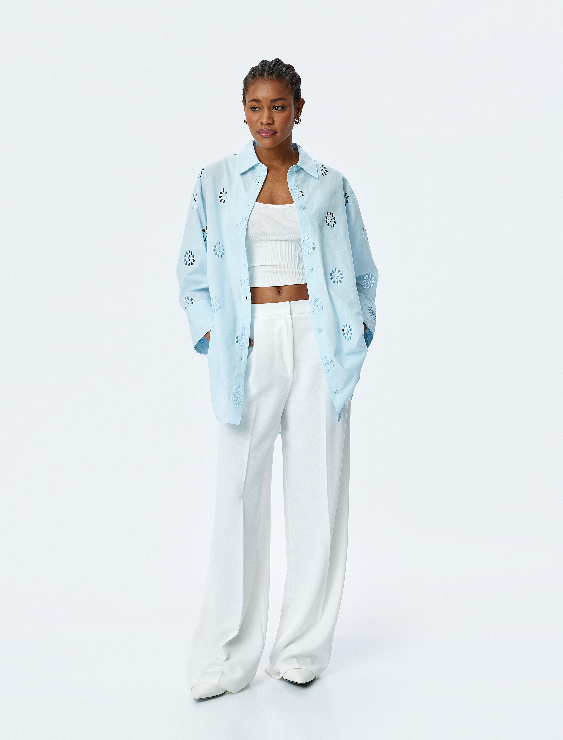   Pamuklu Rahat Kalıp 3/4 Kol Gömlek Yaka Uzun Fistolu Tunik