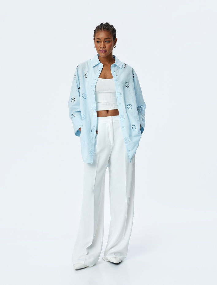  Pamuklu Rahat Kalıp 3/4 Kol Gömlek Yaka Uzun Fistolu Tunik