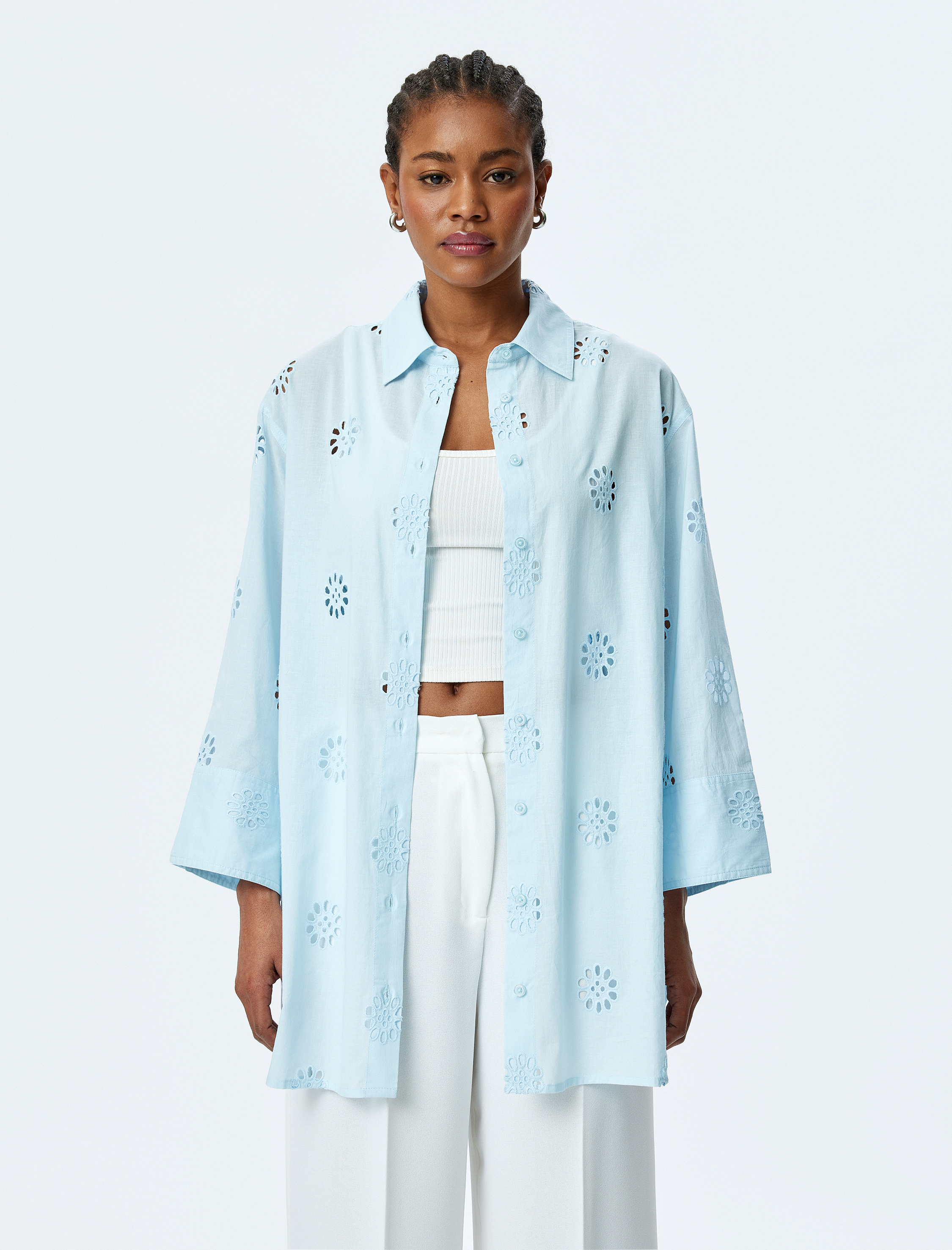   Pamuklu Rahat Kalıp 3/4 Kol Gömlek Yaka Uzun Fistolu Tunik