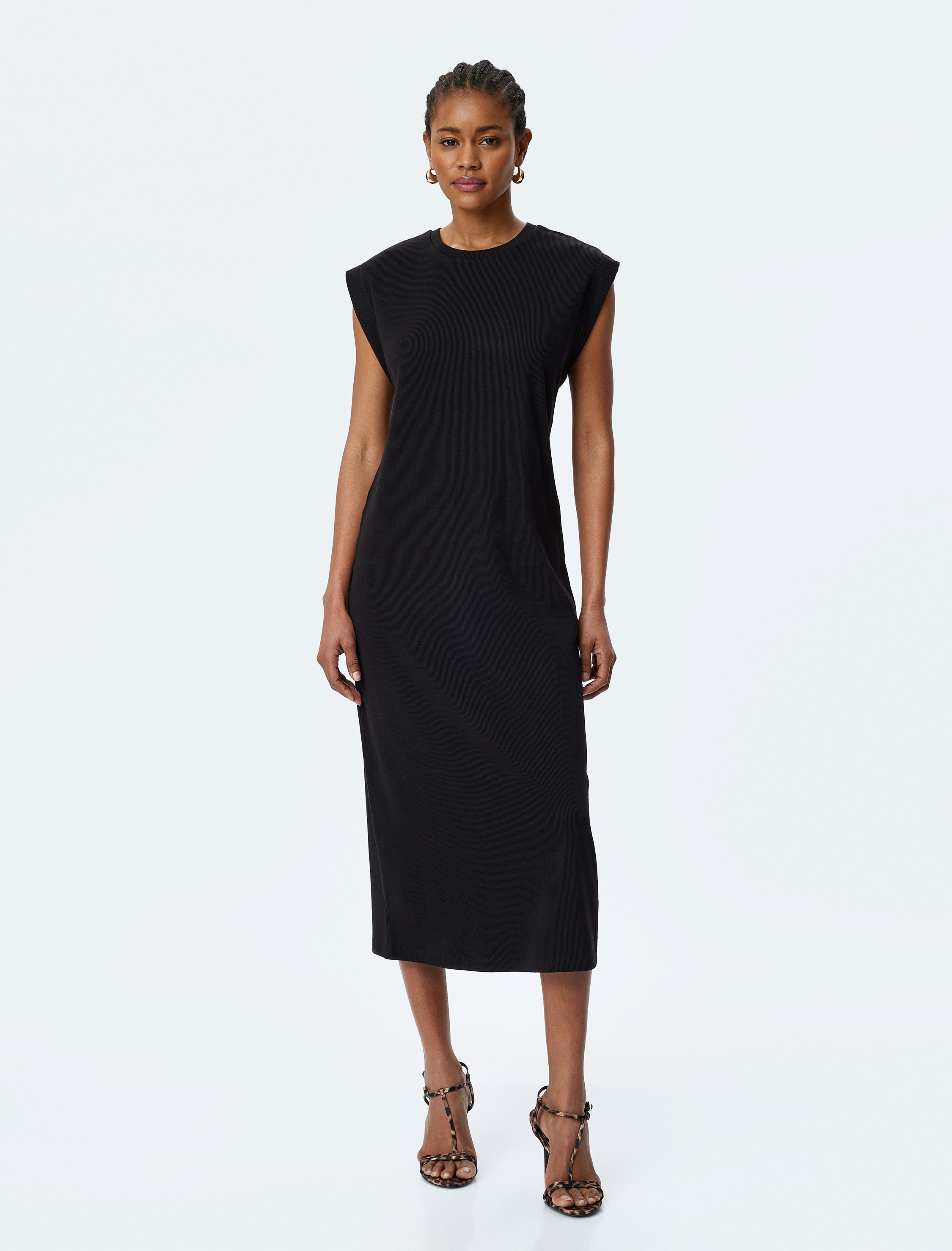   Pamuklu Kolsuz Bisiklet Yaka Midi Boy Elbise