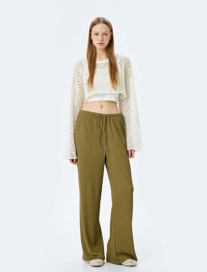  Yüksek Bel Geniş Paça Beli Bağcıklı Pantolon Bürümcük