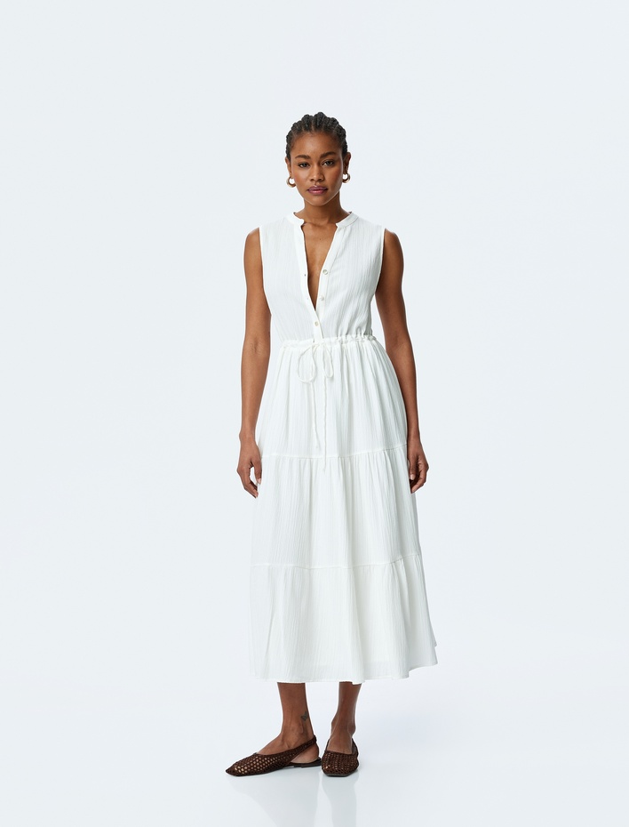  Beli Bağlama Detaylı Astarlı Mandarin Yaka Kolsuz Uzun Viskon Elbise