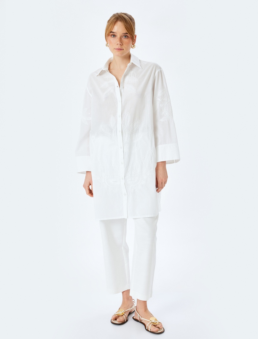   Pamuklu Floral İşleme Detaylı 3/4 Kol Gömlek Yaka Uzun Oversize Tunik