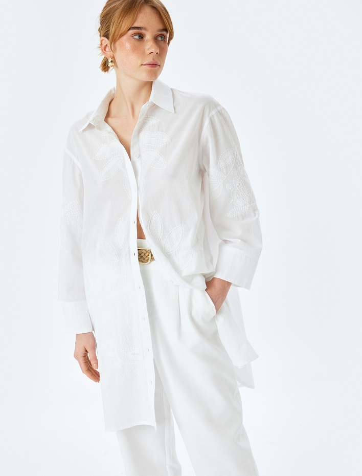  Pamuklu Floral İşleme Detaylı 3/4 Kol Gömlek Yaka Uzun Oversize Tunik