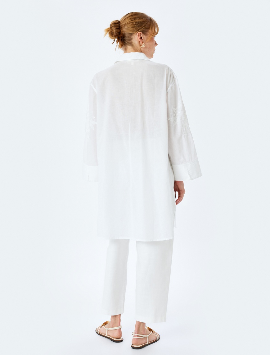   Pamuklu Floral İşleme Detaylı 3/4 Kol Gömlek Yaka Uzun Oversize Tunik