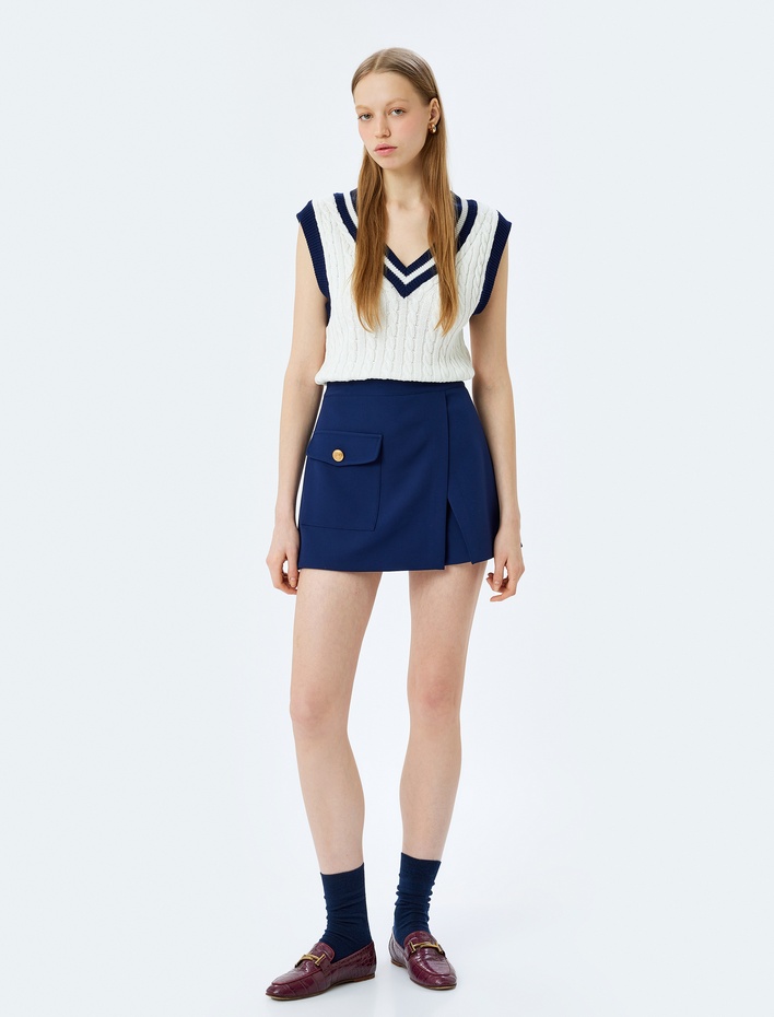  Kolsuz V Yaka Biyeli Saç Örgü Triko Süveter