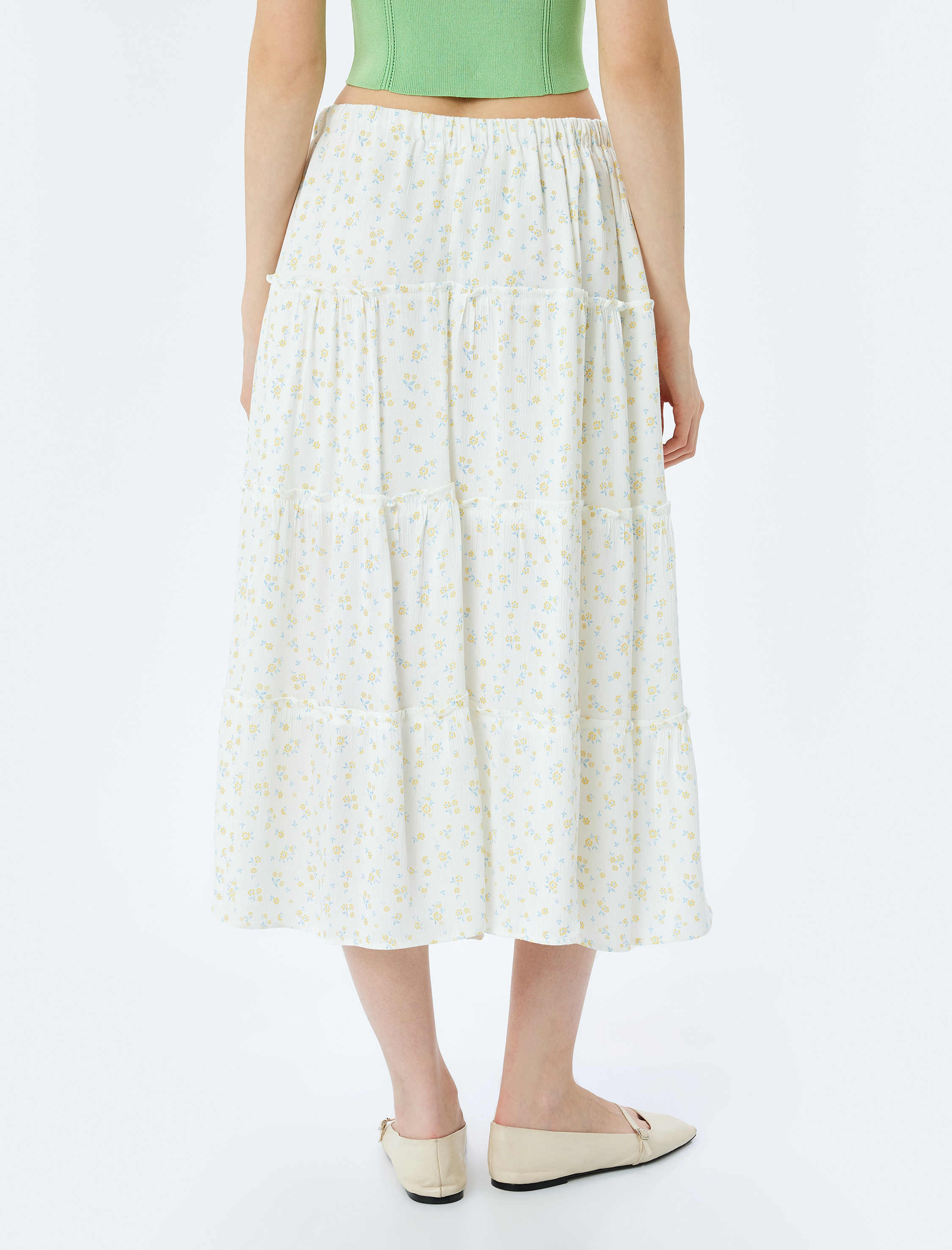   Viskon Katlı Beli Bağcıklı Çiçekli Uzun Etek