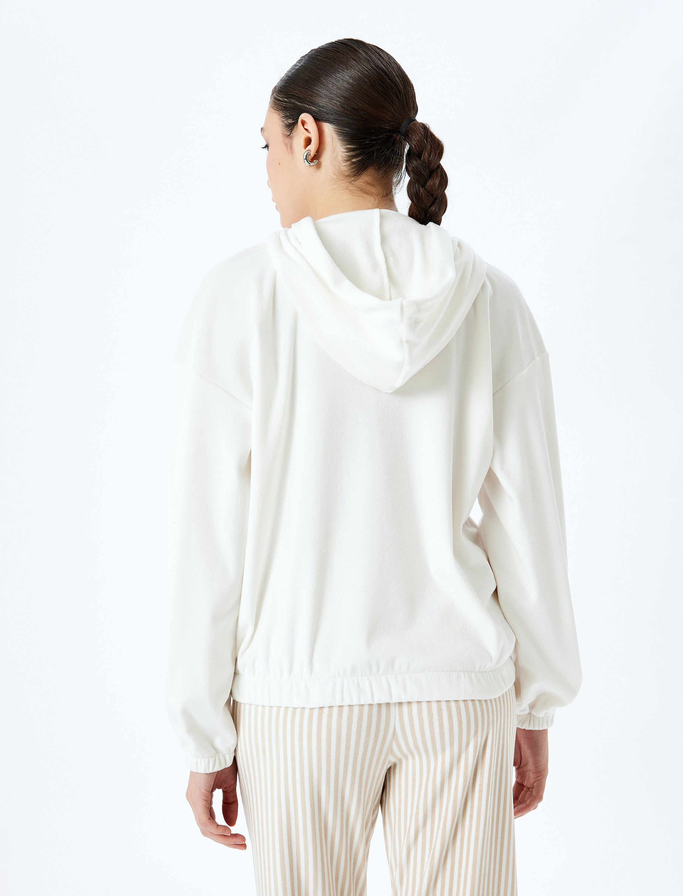 Unicorn İşleme Detaylı Cepli Uzun Kollu Kapüşonlu Polar Pijama Üstü