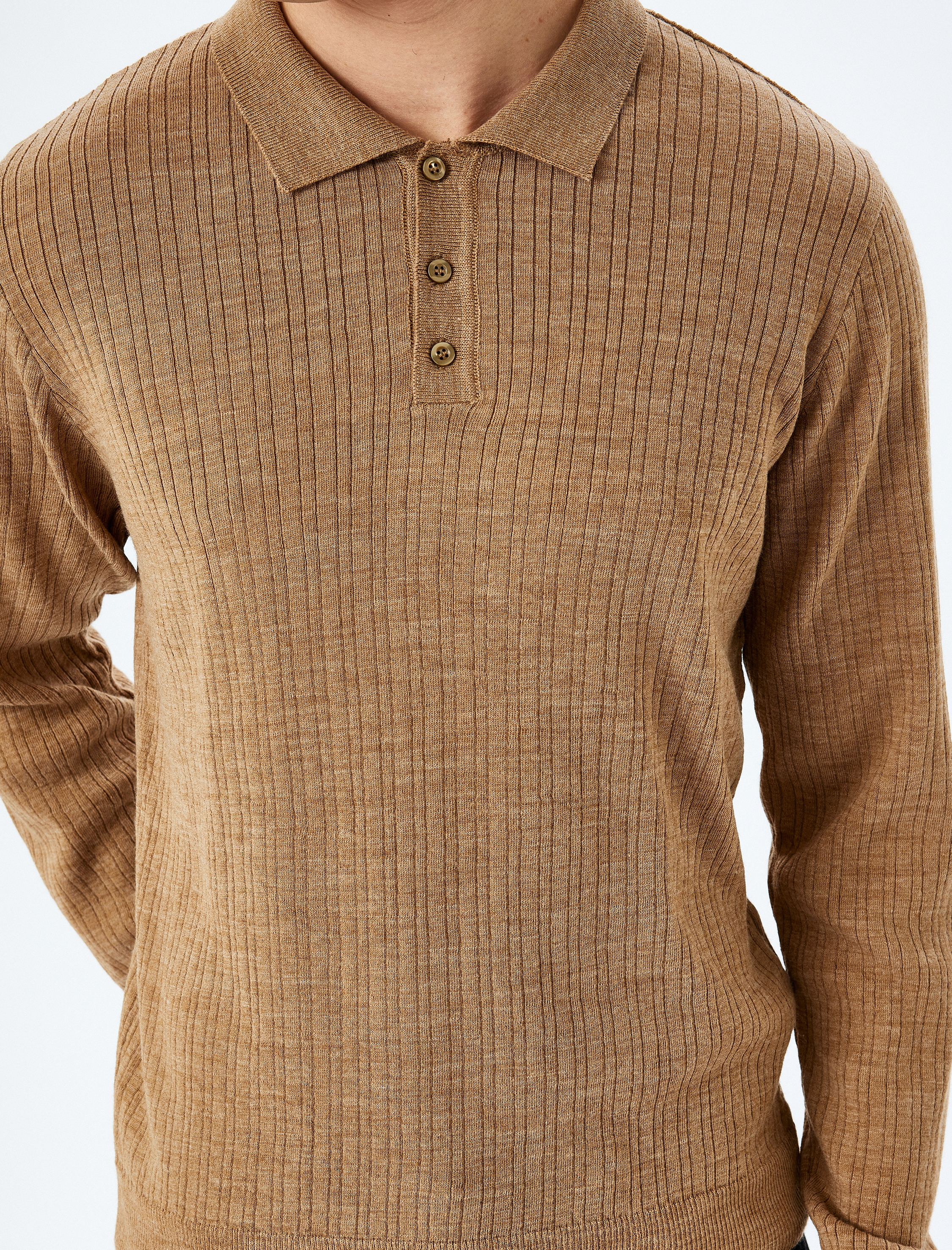 Polo Yaka Düğmeli Dokulu Triko Kazak