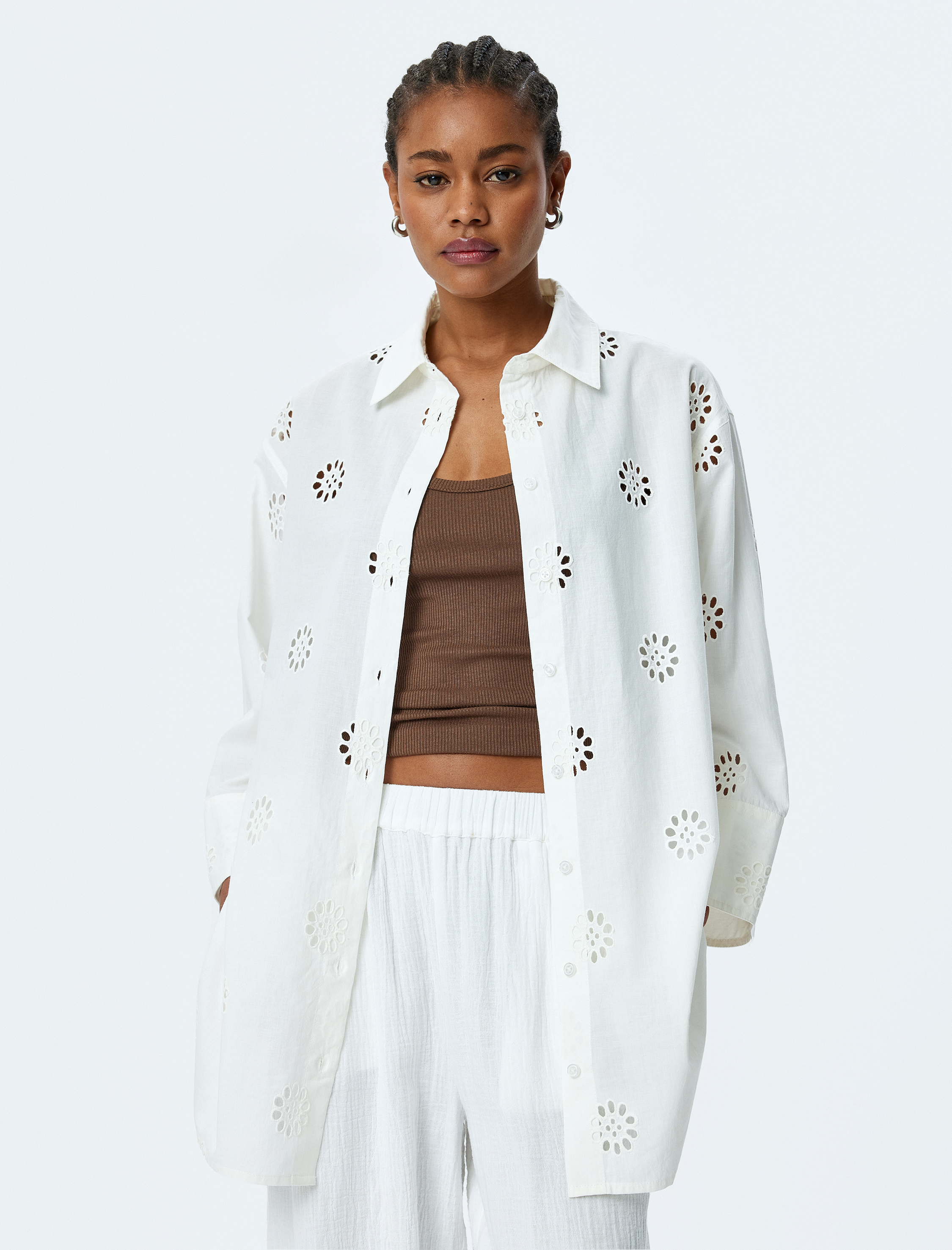   Pamuklu Rahat Kalıp 3/4 Kol Gömlek Yaka Uzun Fistolu Tunik