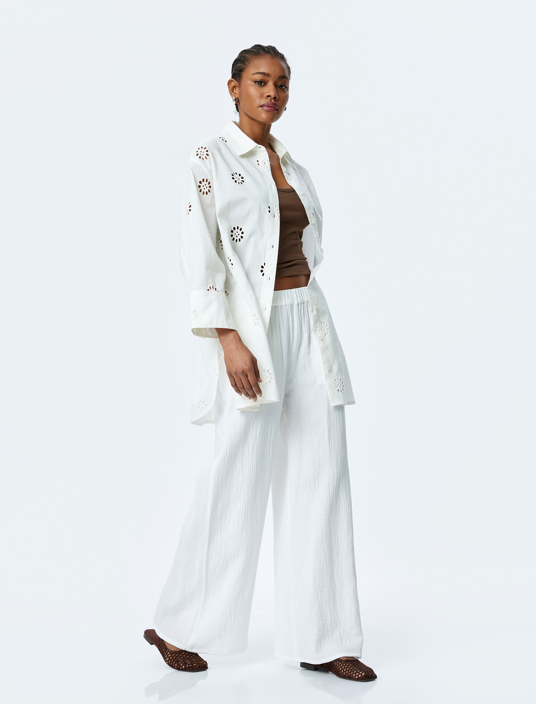   Pamuklu Rahat Kalıp 3/4 Kol Gömlek Yaka Uzun Fistolu Tunik