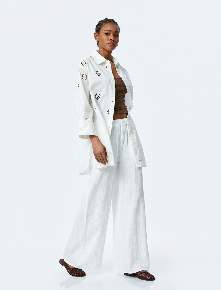  Pamuklu Rahat Kalıp 3/4 Kol Gömlek Yaka Uzun Fistolu Tunik