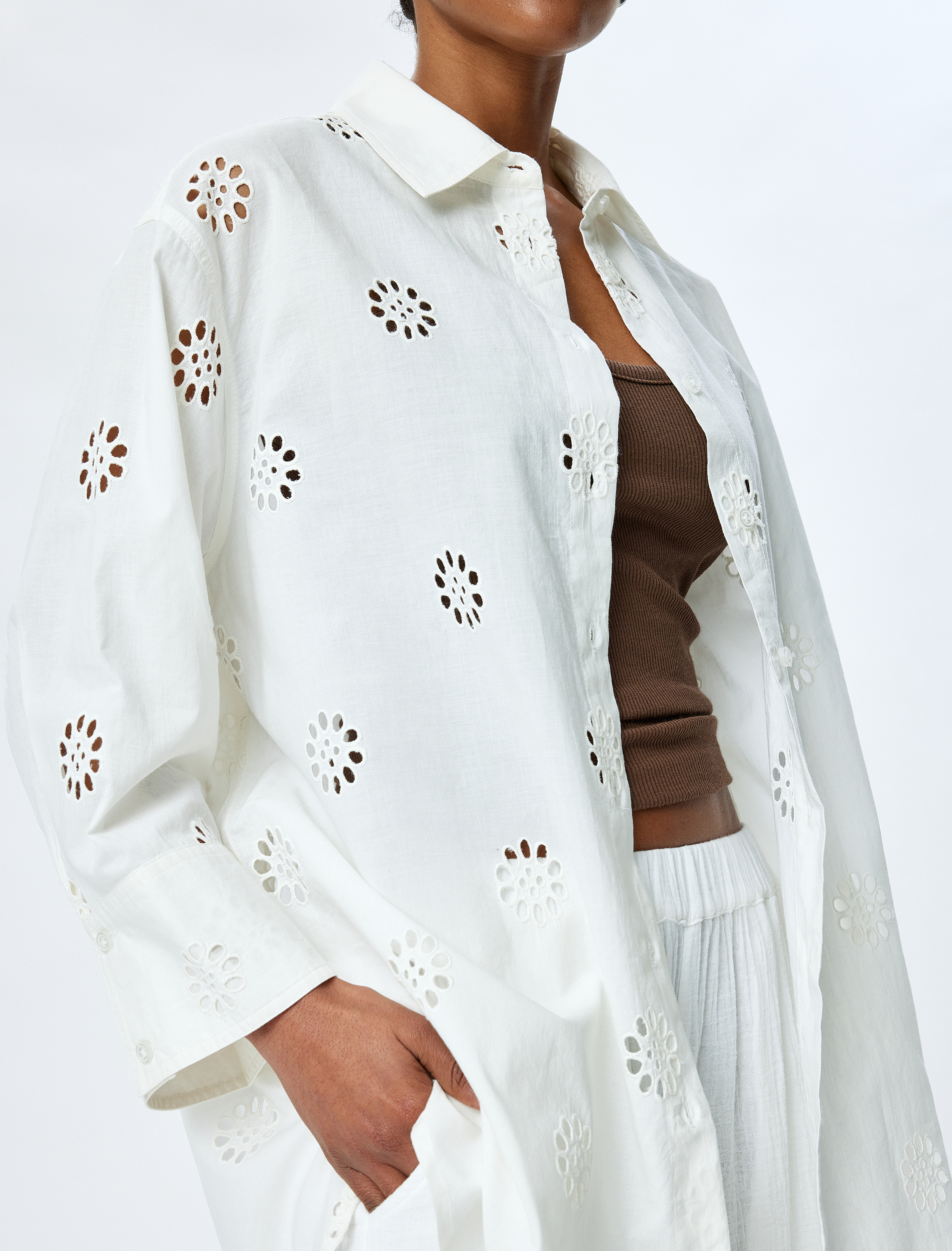   Pamuklu Rahat Kalıp 3/4 Kol Gömlek Yaka Uzun Fistolu Tunik