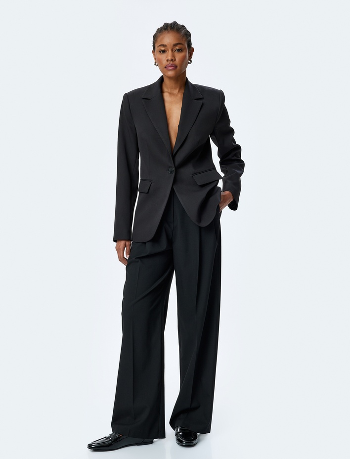  Uzun Kollu Kapaklı Cep Detaylı Slim Fit Kruvaze Blazer Ceket