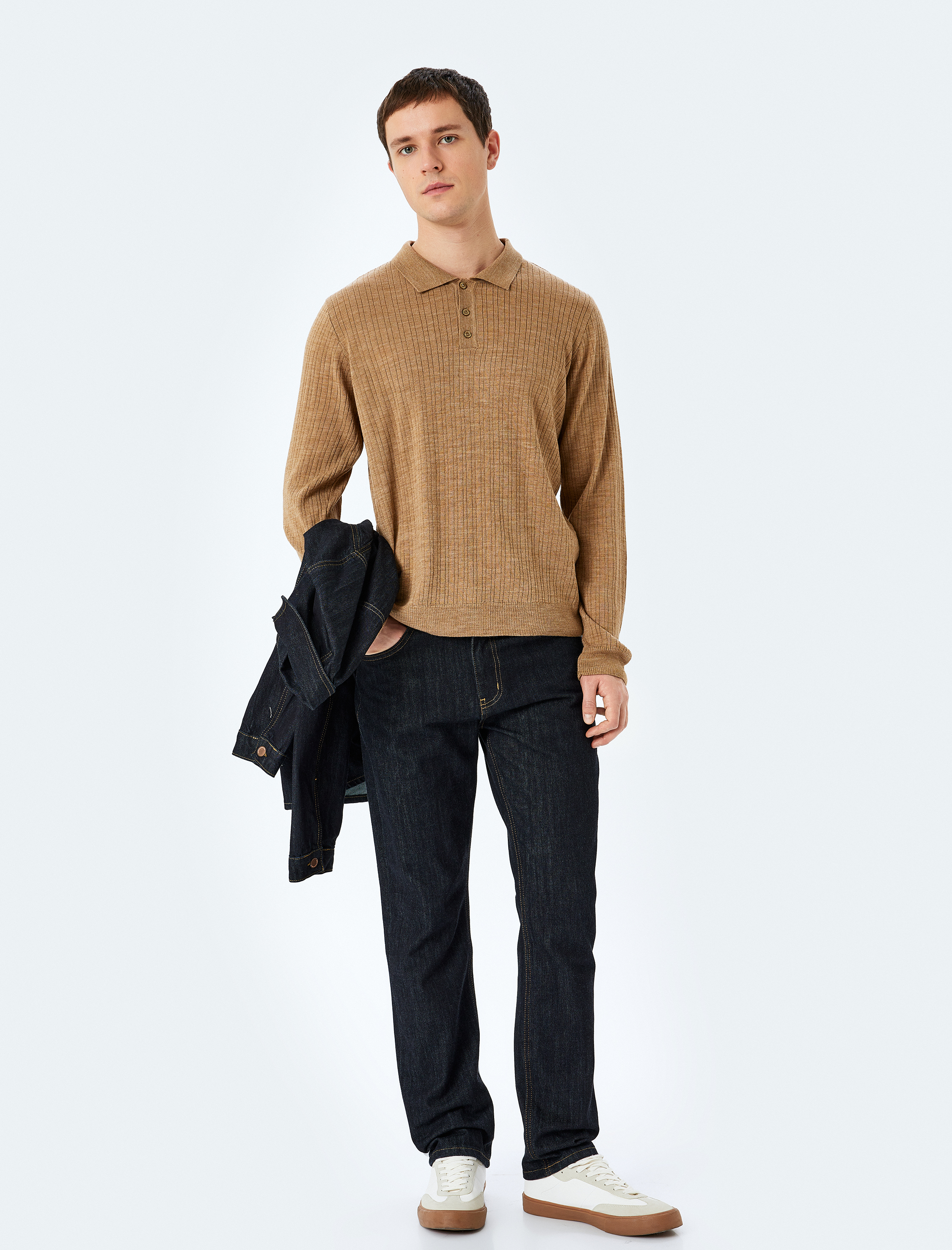 Polo Yaka Düğmeli Dokulu Triko Kazak