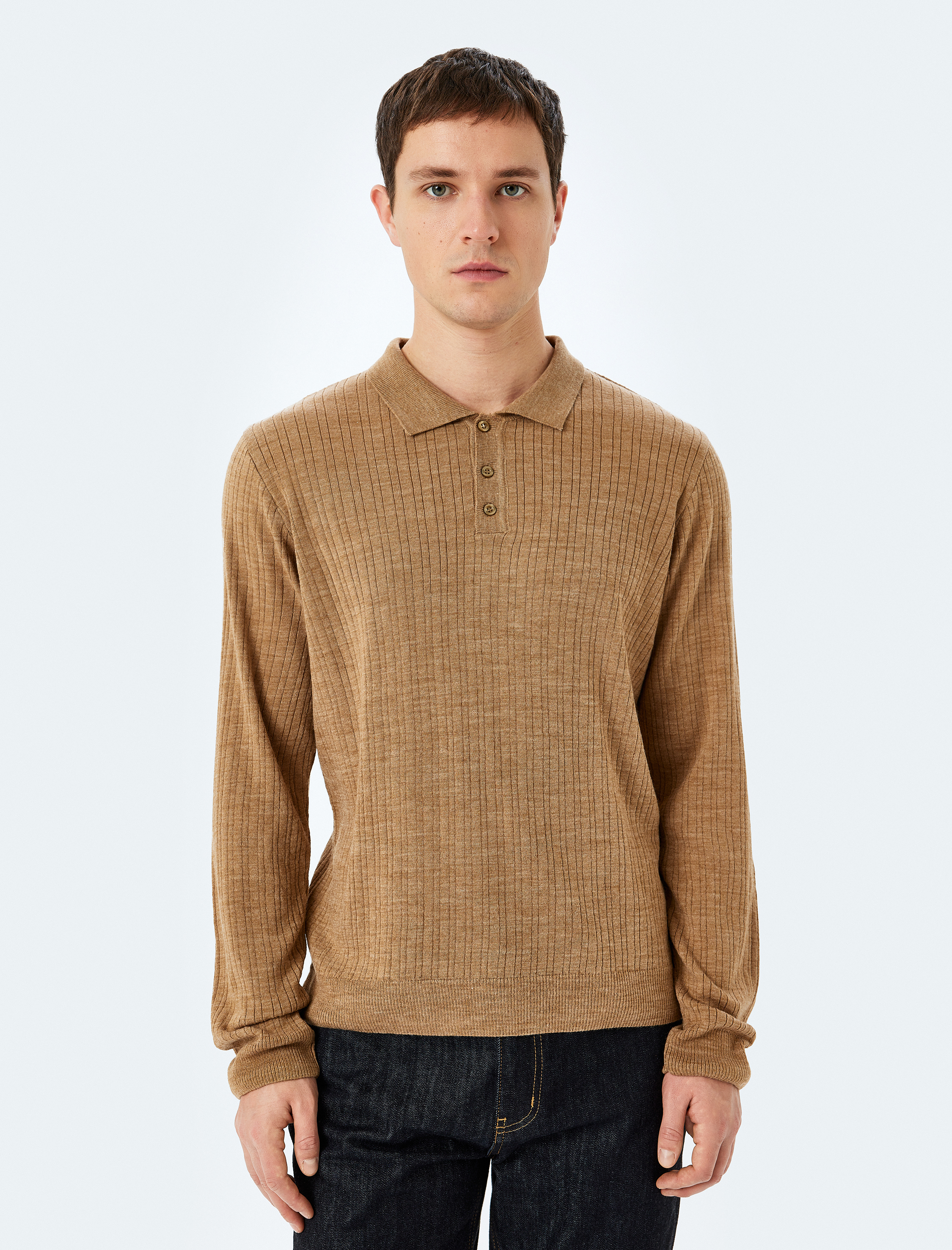 Polo Yaka Düğmeli Dokulu Triko Kazak