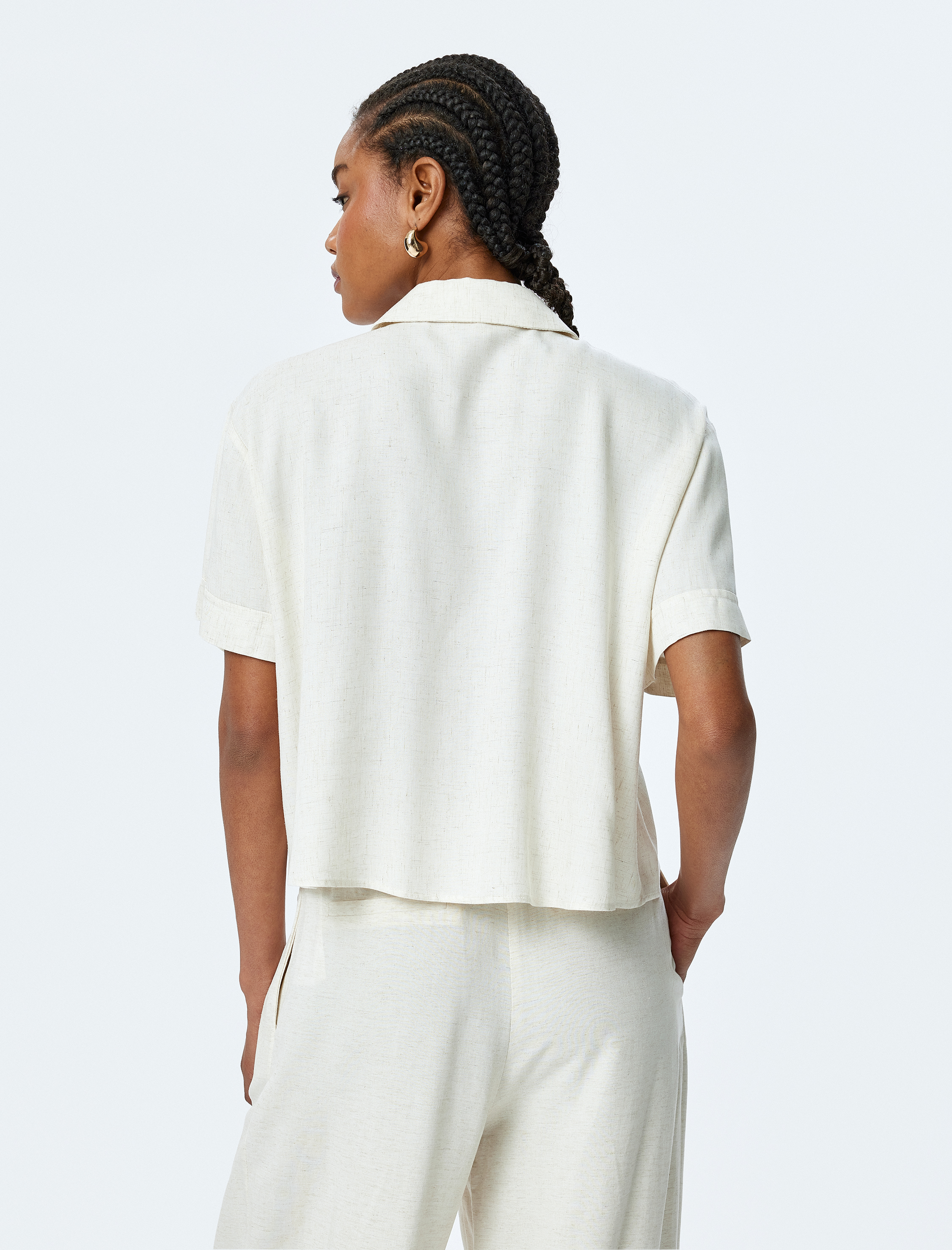 Viskon Keten Karışımlı Kısa Kollu Crop Gömlek